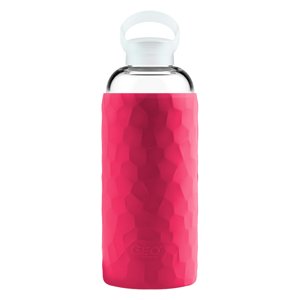 Recipient din sticla cu protectie cauciucata roz, design rock, capac mic cu maner, volum 1 litru