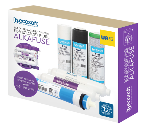 Set alkafuse complet, 5+1 cartușe osmoză inversă premium, prefiltrare, membrană 75 GPD și mineralizare cu creștere pH, 12 luni, standard 10