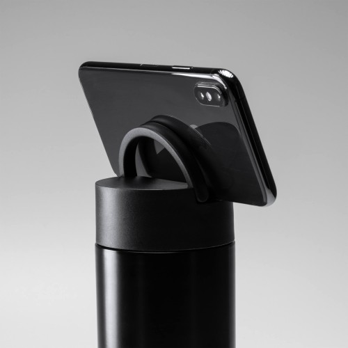 Termos cu perete dublu, FILTRO Thermo PRO, finisaj negru cu bambus natural, suport telefon, volum 450 ml