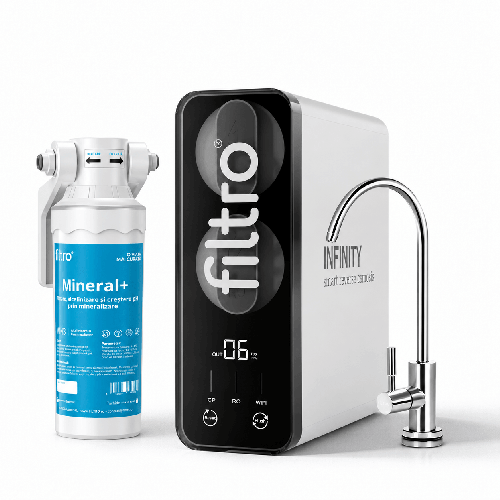Osmoza inversa direct flow, FILTRO Infinity Connect+ cu Mineral+, conexiune WiFi, alcalinizare prin mineralizare, debit mare de 600GPD, fara bazin, pompa booster, display TDS