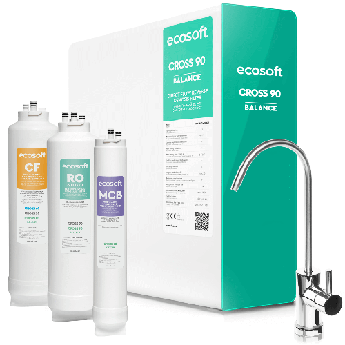Osmoza inversa direct flow, Ecosoft Cross90 Balance, 1.5 litri/min, cartuse twist, membrana 600 GPD, remineralizare baterie smart cu indicator