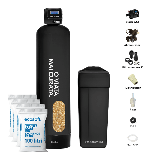 Stație dedurizare automată, Clack WS1 PROSOFT, rășină Ecolite S, valvă volumetrică premium, tank simplex 14x65, debit 5.0 m3/oră, 100 litri de rășină inclusă