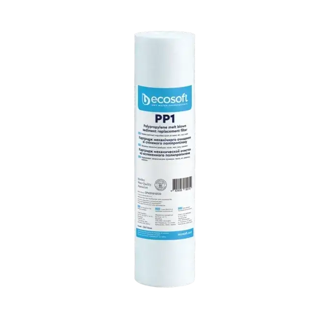 Cartuș filtrant din polipropilenă pentru sedimente, Ecosoft CPV25101, 1 micron, 2.5x10 inch, debit 3.8 l/min, compatibil carcasă 10 inch