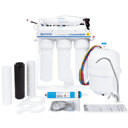 Osmoza inversa standard, Ecosoft Standard MO550PS, pompa de presiune, 50 GPD, 5 stadii cu postcarbune si cadru metalic