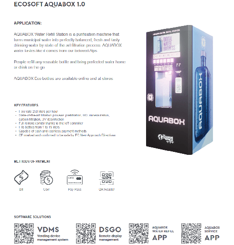 Automat de apa purificata, Aquabox AC, display afisare reclame, 250 l/h, 4 metode de plata si administrare de la distanta
