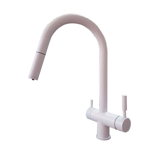 Baterie 3 căi, PREMIER Extend White, finisaj alb, furtun extensibil cu duș, flux separat apă filtrată și apă menajeră (rece și caldă)