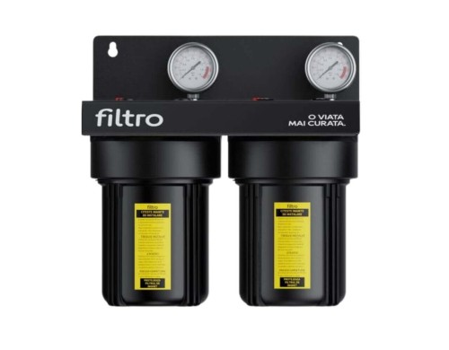 Set 2 карпусa BIG Black 10" TWIN, връзка 1", манометри, двойни уплътнения, клапан налягане и метална рамка