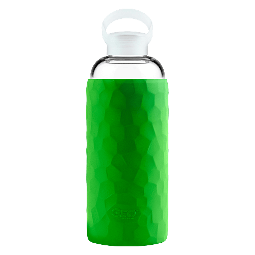 Recipient din sticla cu protectie cauciucata verde, design rock, capac mic cu maner, volum 1 litru