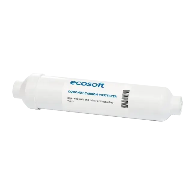 Filtru inline din cărbune activ granular pentru postfiltrare osmoză inversă, Ecosoft CHV2010, din coajă de nucă de cocos, conectori rapizi 1/4", dimensiuni 10.8"x2", compatibil cu furtun flexibil de 1/4