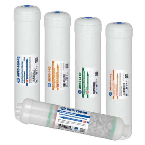 Set complet 5 filtre cu alcalinizare, carcasa alba cu filet de 1/4″, sedimente, dedurizare, carbune activat bloc, granular si alcalinizare