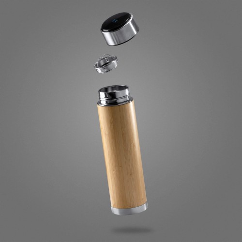 Termos cu perete dublu, FILTRO Thermo LED, afisaj tactil digital, finisaj din bambus natural, infuzor inclus, volum 480 ml