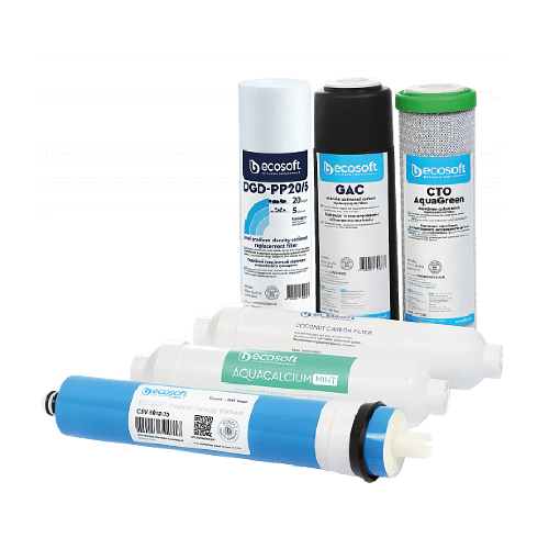 Set calcium complet, 5+1 cartușe osmoză inversă premium, prefiltrare, membrană 75 GPD și postfiltrare Ca, 12 luni, standard 10