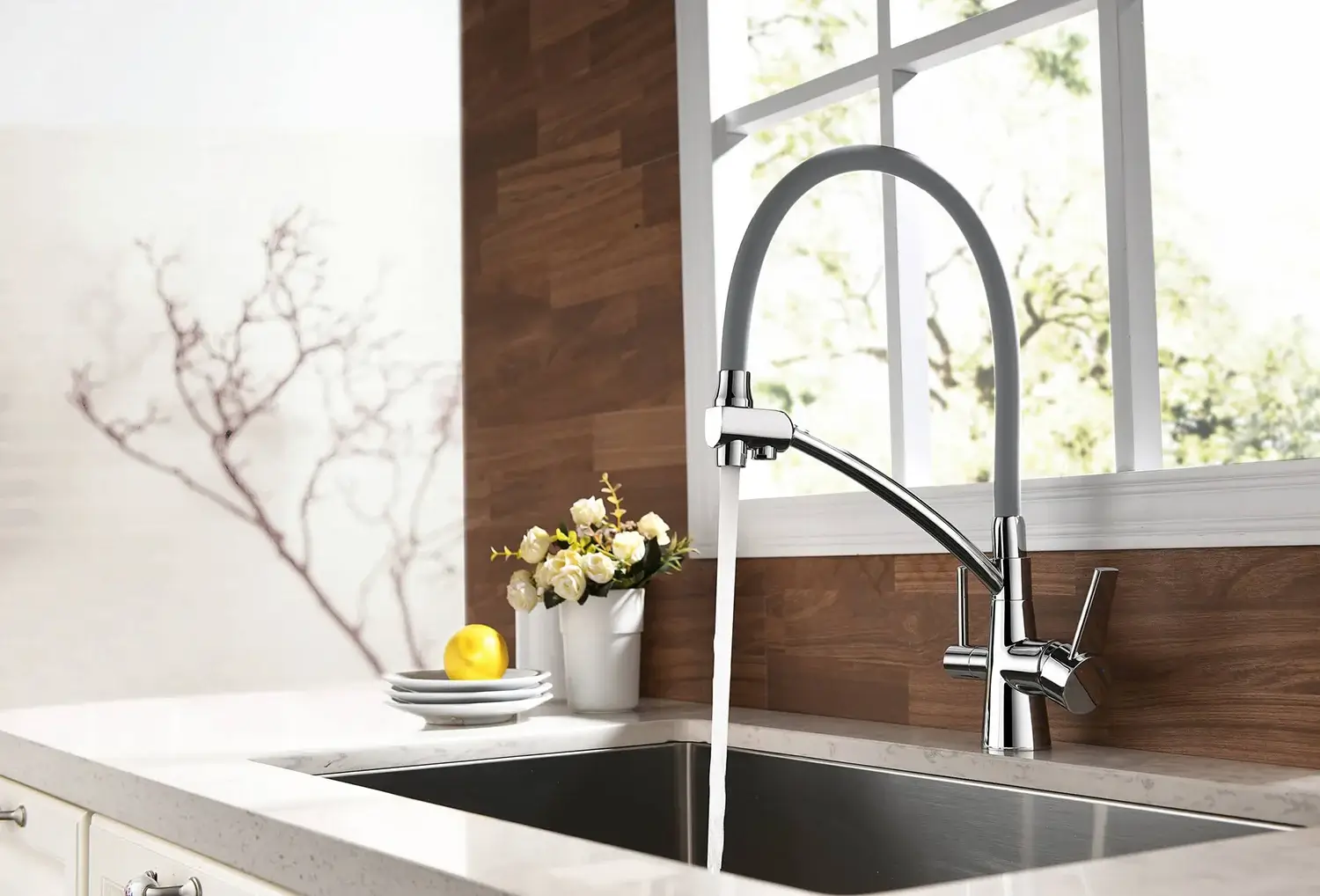 Baterie cu 3 căi, PREMIER FLEX Bridge, finisaj gri crom, țeavă flexibilă cu dus, flux separat apă filtrată și apă menajeră (rece și caldă)