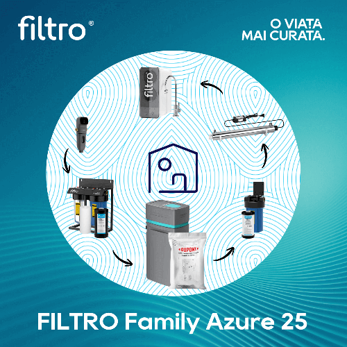 Soluție protecție optimă, FILTRO Family Azure 25, ideală locuință medie cu apă dură, consum 3-6 persoane, debit optim 2,0 m³/h, filtrare, dedurizare, sterilizare și purificare