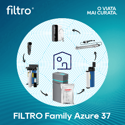 Soluție protecție optimă, FILTRO Family Azure 37, ideală locuință mare cu apă dură, consum 4–8 persoane, debit optim 2.5 m³/h, filtrare, dedurizare, sterilizare și purificare