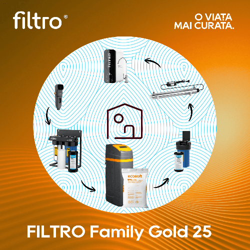 Soluție protecție completă, FILTRO Family Gold 25, ideală locuință medie cu apă dură cu fier, mangan, amoniu, consum 3-5 persoane, debit optim 1,5 m³/h, filtrare, dedurizare, deferitizare, demanganizare, sterilizare și purificare