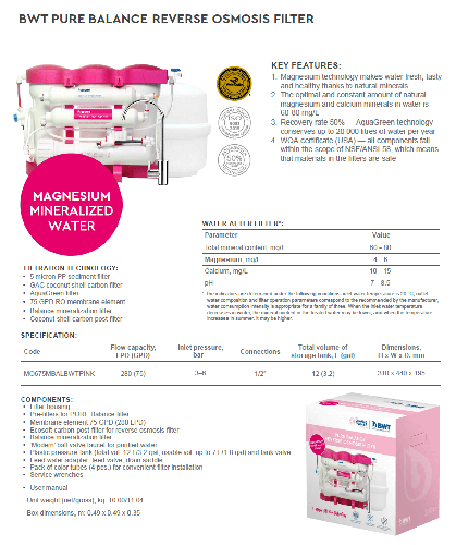 Osmoza inversa premium, BWT P'URE Balance PINK, MO675MBALBWTPINK, 6 stadii, eficienta ridicata, remineralizare cu calciu si magneziu