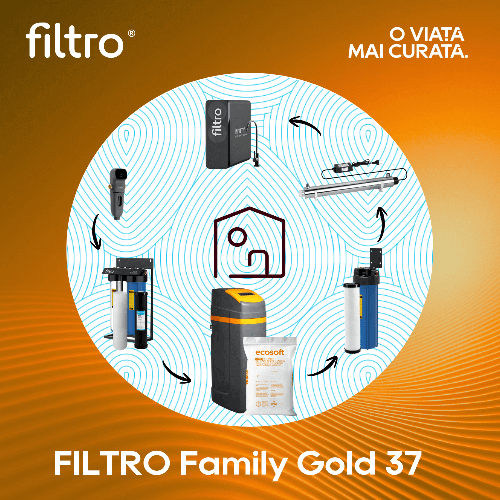 Soluție protecție completă, FILTRO Family Gold 37, ideală locuință mare cu apă dură cu fier, mangan, amoniu, consum 4-6 persoane, debit optim 2.0 m³/h, filtrare, dedurizare, deferitizare, demanganizare, sterilizare și purificare