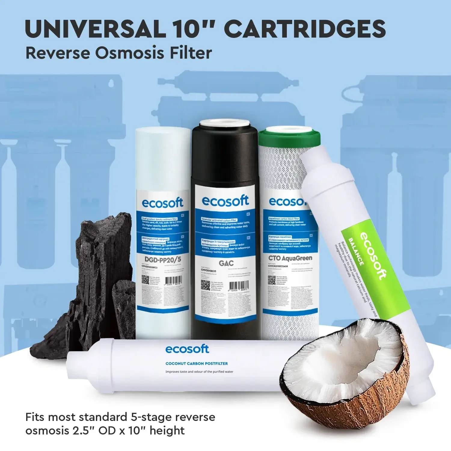 Set balance intermediar, 5 cartușe osmoză inversă premium, prefiltrare și postfiltrare, înlocuire la 6 luni, dimensiuni standard