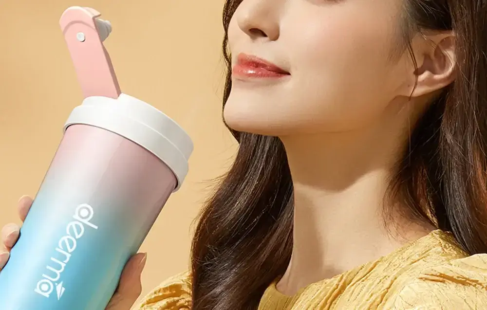 Blender portabil cu functie de termos, 300 ml, 18000 RPM, 50W, acumulator 1500 mAh, albastru/roz