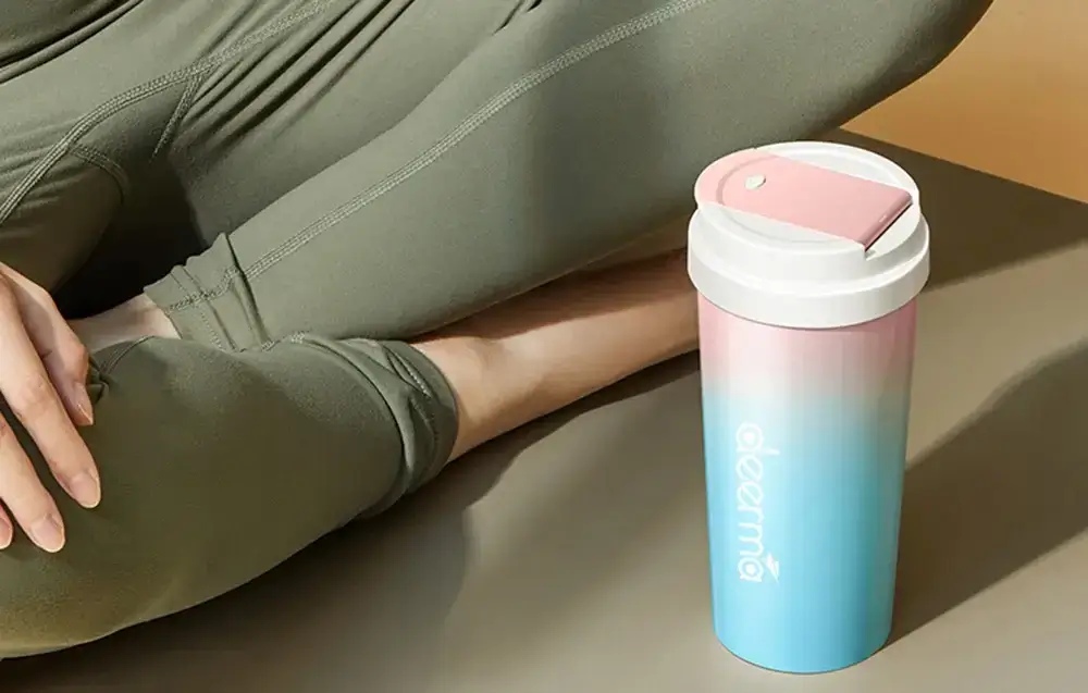 Blender portabil cu functie de termos, 300 ml, 18000 RPM, 50W, acumulator 1500 mAh, albastru/roz