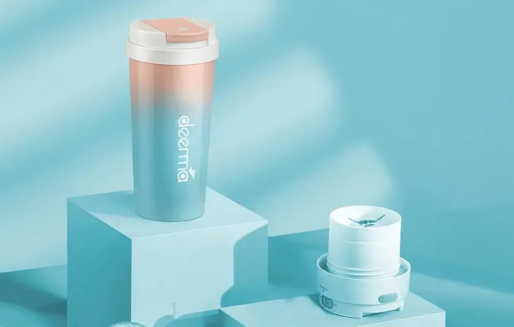 Blender portabil cu functie de termos, 300 ml, 18000 RPM, 50W, acumulator 1500 mAh, albastru/roz