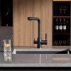 Baterie de bucătărie cu 3 căi, Premier Tall Black Stone, finisaj negru granit lucios, flux separat apă filtrată și apă menajeră rece și caldă