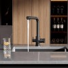 Baterie de bucătărie cu 3 căi, Premier Tall Black Stone, finisaj negru granit lucios, flux separat apă filtrată și apă menajeră rece și caldă