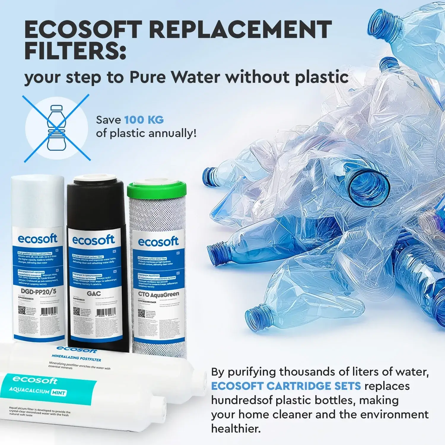 Set calcium intermediar, 5 cartușe osmoză inversă premium, prefiltrare și postfiltrare, înlocuire la 6 luni, dimensiuni standard