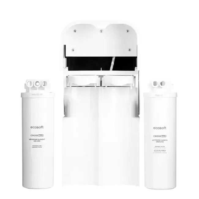 Sistem de filtrare prin osmoză inversă direct flow Ecosoft CROSS MAX MO2800PECO, debit ridicat 2 L/min, design ultracompact fără rezervor, indicator de înlocuire, oprire automată