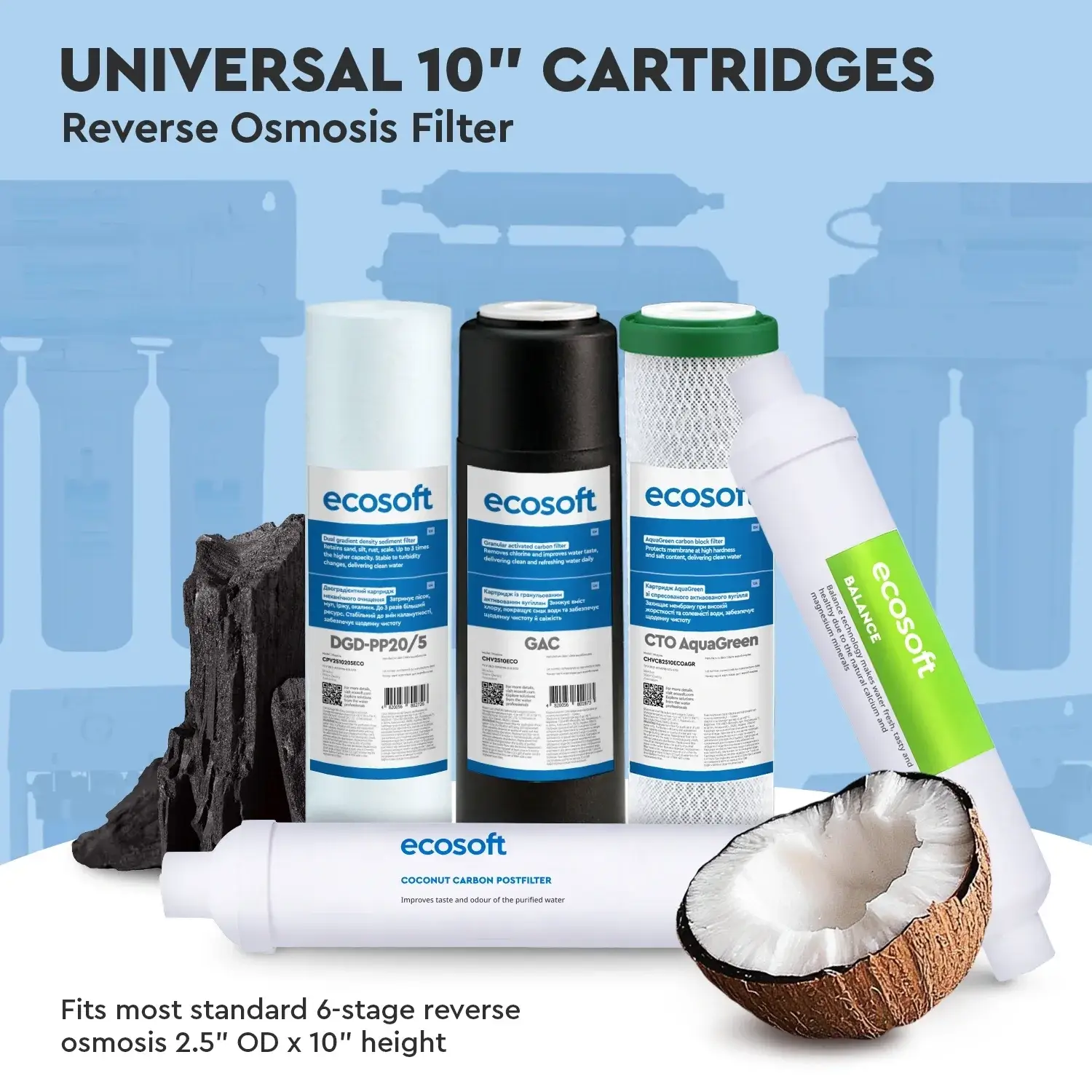 Set balance complet, 5+1 cartușe osmoză inversă premium, prefiltrare, membrană 75 GPD și postfiltrare Ca+Mg, 12 luni, standard 10